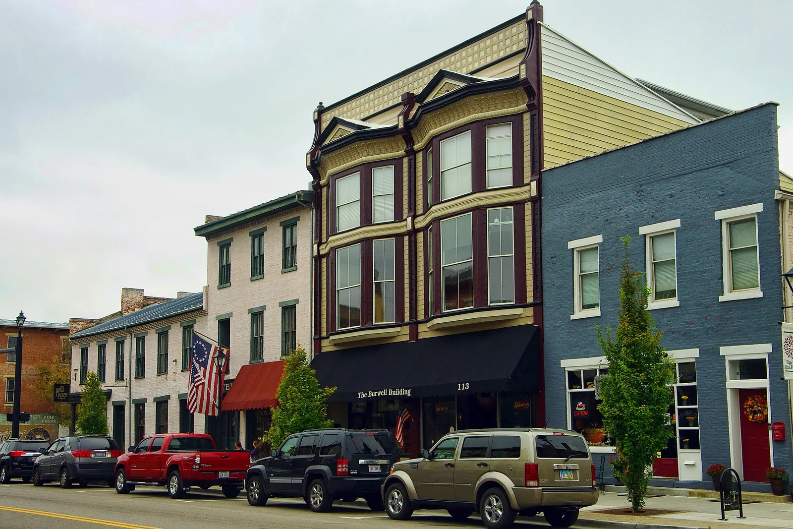 Main Street storefronts in the Old Tippecanoe Historic District, Tipp City